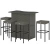 5 Piece Rattan Wicker Bar Set, High Top Outdoor Table and Chairs, Bar Height Patio Set, 2 Shelves & 4 Bar Stools, Gray