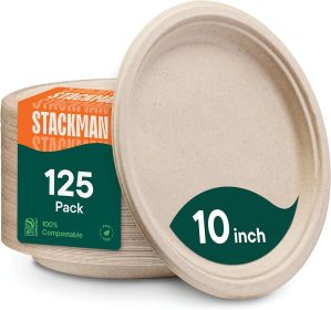 Paper Plates, 100% Compostable Heavy Duty Disposable 10 Inch Plate - [125-Pack] Eco-Friendly, Biodegradable Bagasse - (PFAS-Free) - (BPI Certifie