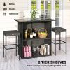 5 Piece Rattan Wicker Bar Set, High Top Outdoor Table and Chairs, Bar Height Patio Set, 2 Shelves & 4 Bar Stools, Gray