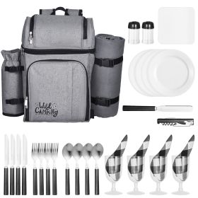 Picnic Backpack, Beach Picnic Backpack Bag for 4 Person with Insulated Cooler Compartment, Detachable Bottle/Wine Holder, Lightweight Blanket (Color: Gray, Number of Layers: Double-deck)