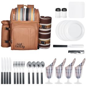 Picnic Backpack, Beach Picnic Backpack Bag for 4 Person with Insulated Cooler Compartment, Detachable Bottle/Wine Holder, Lightweight Blanket (Color: Brown, Number of Layers: Double-deck)
